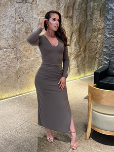 Long Sleeved Ankle Length Vneck Dress with Ruched tummy and Side Split